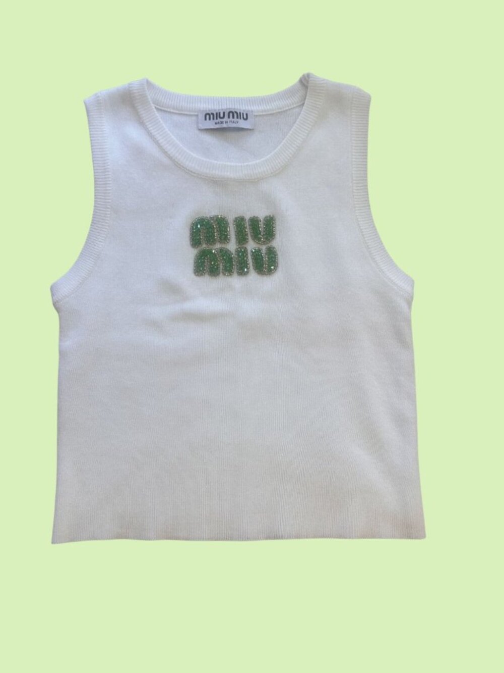 Miu Miu White Ribbed Tank Top with Green Beaded Logo
